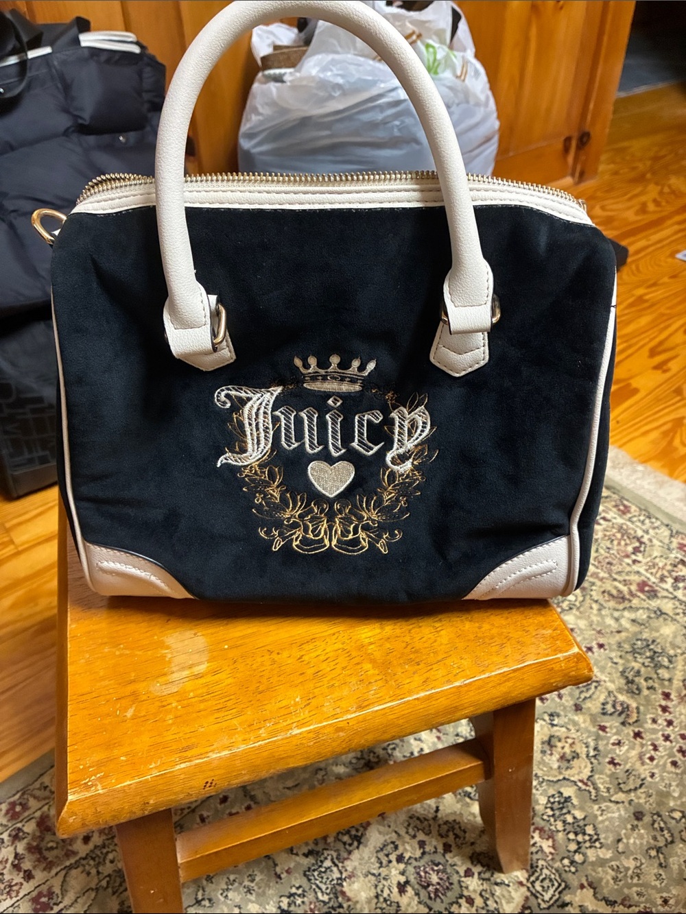 Juicy Couture Black & White Suede Dome Satchel with Embroidered Crest